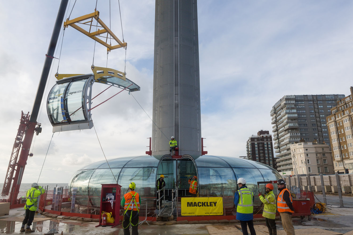 Door being lifted for assembly. Brighton i360 by Marks Barfield Architects.