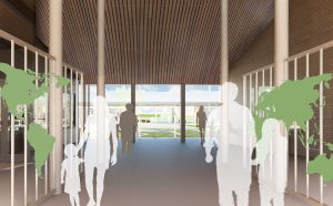 entrance view in 3D - University of Cambridge Primary School by Marks Barfield Architects