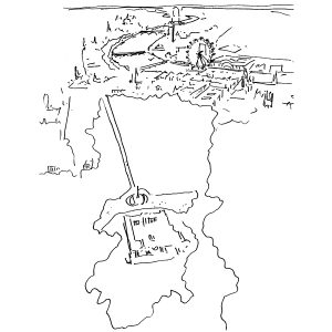 Early sketch by David Marks of the Wheel in the context of London - part of the competition entry in December 1993 - The London Eye by Marks Barfield Architects