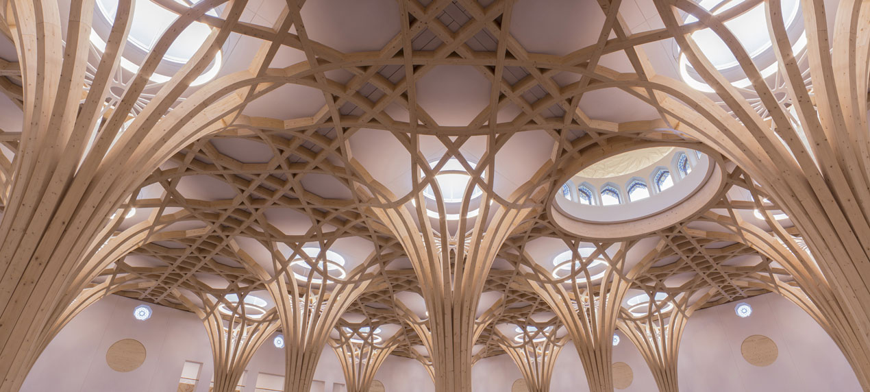 View looking up at the trees timber structure and dome - The Cambridge Mosque by Marks Barfield Architects