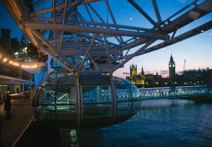 View from the boarding platform towards the Big Ben. The London Eye by Marks Barfield Architects.