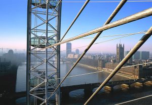 Close view from the hub towards Westminster. The London Eye by Marks Barfield Architects