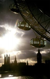 late afternoon view towards the Big Ben. The London Eye by Marks Barfield Architects