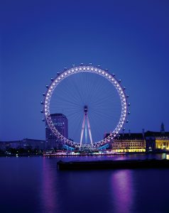 From Victoria Embankment at dusk. The London Eye by Marks Barfield Architects