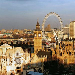 The Westminster Abbey, the Big Ben and The London Eye. The London Eye by Marks Barfield Architects