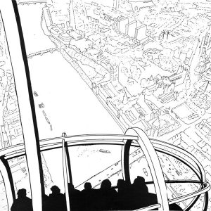 Drawing submitted as part of the original competition entry for a Millennial Landmark organised by The Sunday Times and the Architectural foundation - The London Eye by Marks Barfield Architects