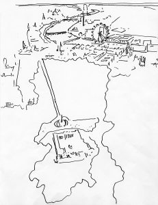 Early sketch by David Marks of the Wheel in the context of London - part of the competition entry in December 1993 - The London Eye by Marks Barfield Architects