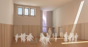 sports hall interior CGI - University of Cambridge Primary School by Marks Barfield Architects