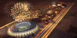 night view, fireworks - King Abdullah Sports Oasis by Marks Barfield Architects