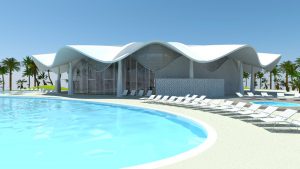 Abyaar Clubhouse CGI - swimming pool by Marks Barfield Architects