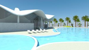 Abyaar Clubhouse CGI - swimming pool by Marks Barfield Architects