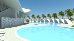 Abyaar Clubhouse CGI - swimming pool by Marks Barfield Architects