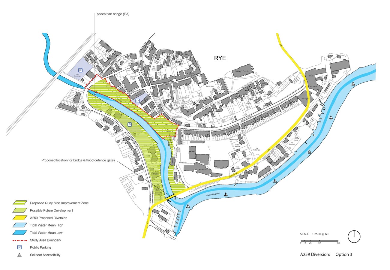 Rye Quay Side Option 3 with A259 Diversion by Marks Barfield Architects