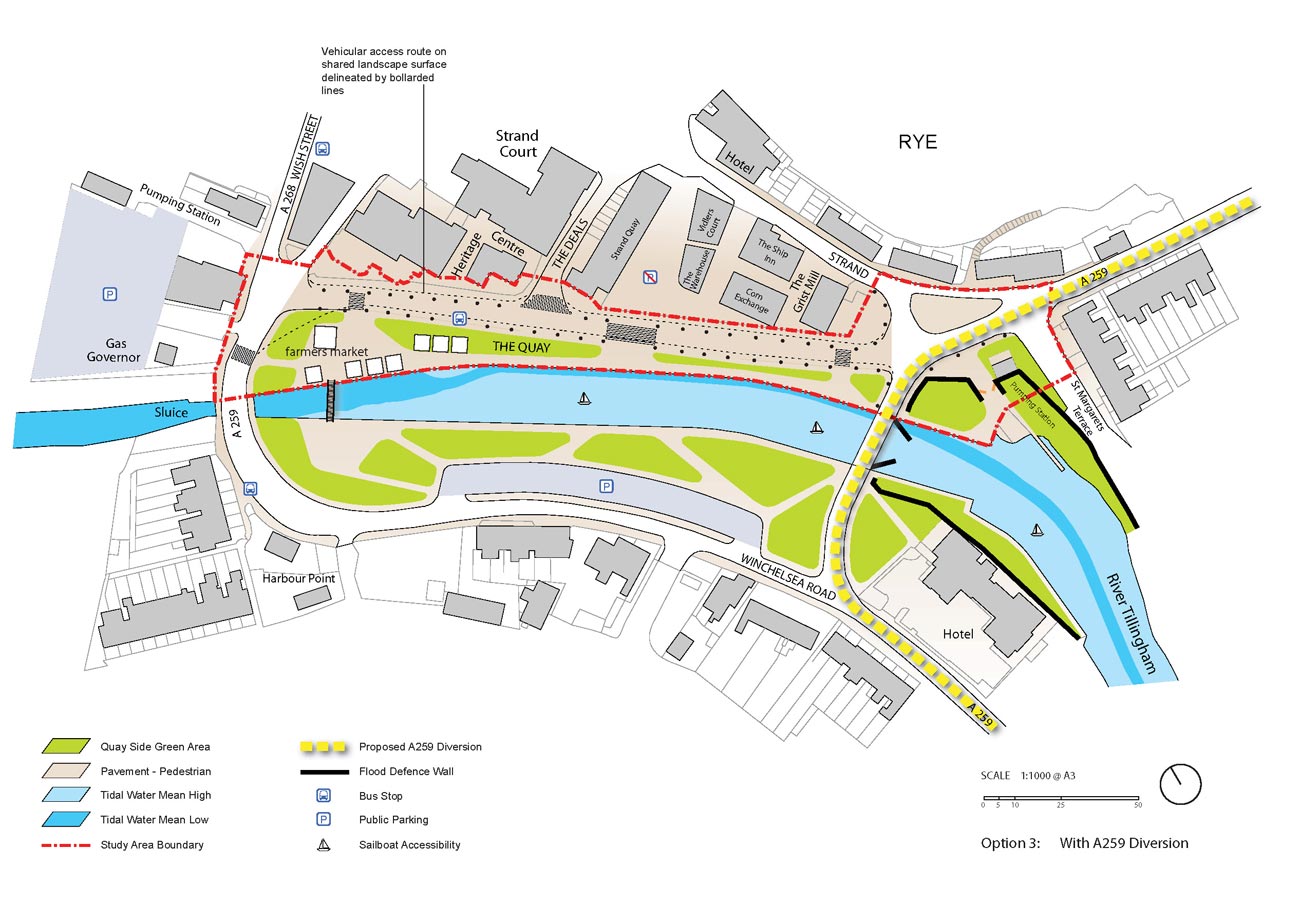 Rye Quay Side Option 3 with A259 Diversion by Marks Barfield Architects