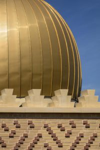 Cambridge Mosque Brick tile cladding, crenulations & dome by Marks Barfield architects, photography by Morley von Sternberg