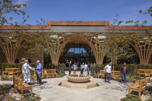 Cambridge Mosque Islamic garden, fountain & front portico by Marks Barfield architects, photography by Morley von Sternberg