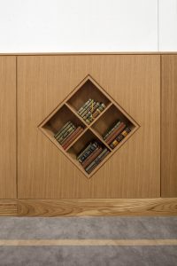 Cambridge Mosque Bookshelf in Prayer Hall by Marks Barfield Architects, photo by Morley von Sternberg